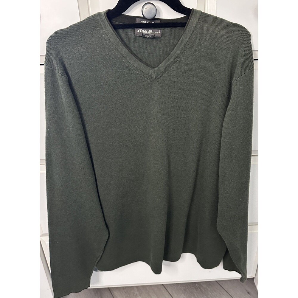 Vintage Eddie Bauer Mens L Pima Cotton V-Neck Sweater Olive Green Made in UK